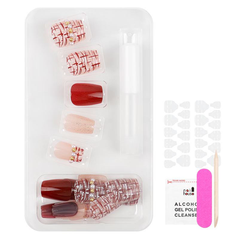 Meifuyu Nail Stickers Wearable Nails (Crimson Chanel Style), Fake Nails, New Year Red Jelly Gel, Removable with Tools, MF8299