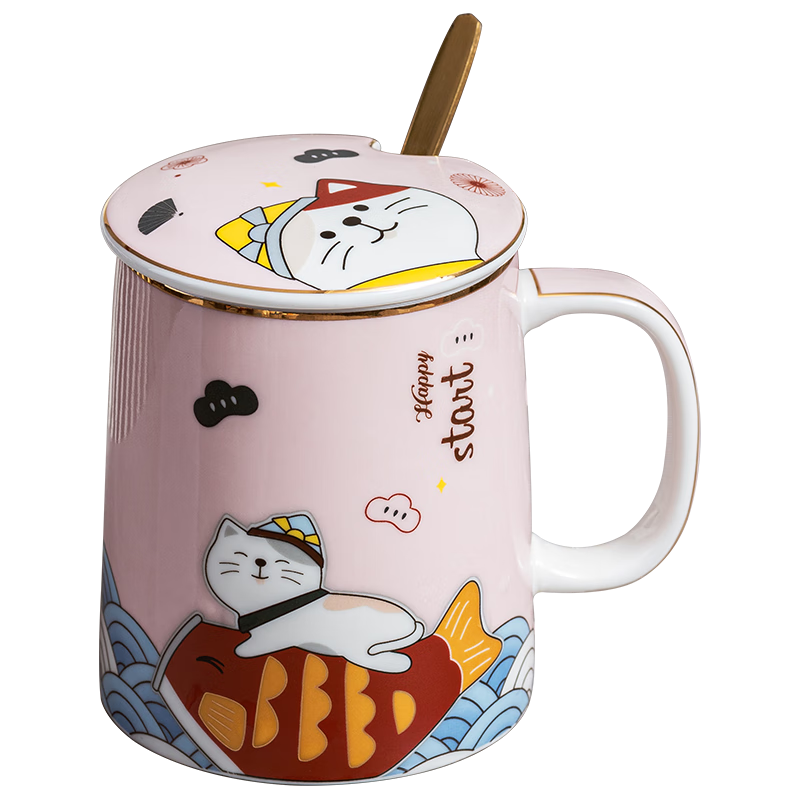 Banwu Life Ceramic Mug with Lid and Spoon High-Quality Cute Office Tea Cup Milk Cup for Women