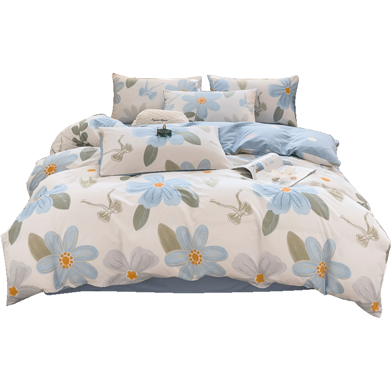 Grace Pure Cotton Four-Piece Set, 7A Antibacterial Pure Cotton Skin-Friendly Double Bed Printed Bedding Set Combination, Yumohua Kai, 2*2.3m Duvet Cover