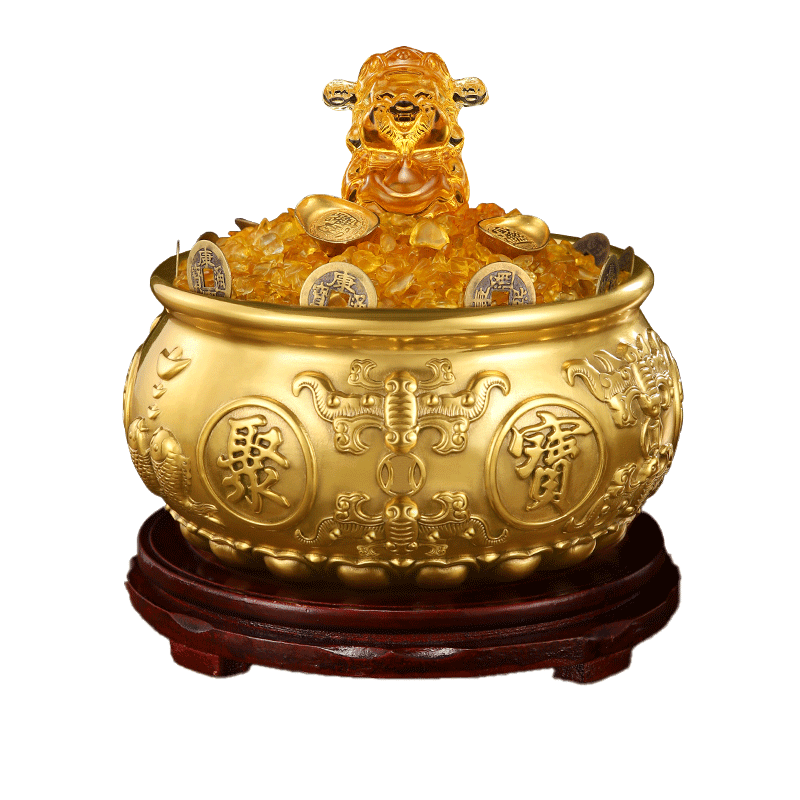 Binyue Brass Fortune Basin Feng Shui Ornament, Solid Copper Five Blessings Basin, Wealth from All Directions, Living Room And Office Decoration, Large Size