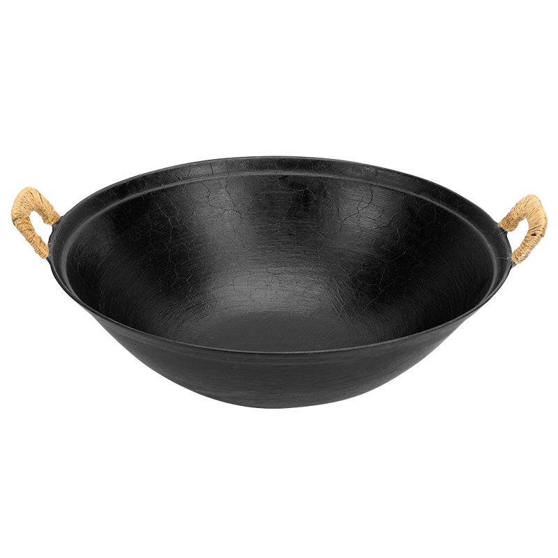 Jincun Cast Iron Wok, Uncoated Stir-Fry Pan, Stew Pot, Non-Stick, Round Bottom with Double Handles, Authentic Raw Iron, 36cm