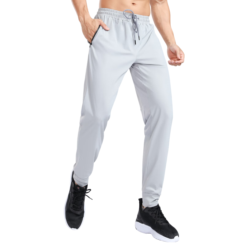FANDIMU Men's Sports Pants, Summer Ice Silk Lightweight Breathable Joggers, Casual Versatile Zipper Pocket Long Pants, Gray, 2XL