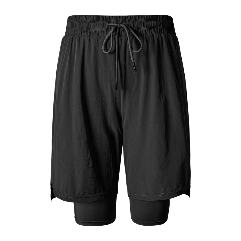 Fandimu Men's Sports Shorts, Marathon Running Black Double-Layered Inner Lining Fitness Hiking Quick-Dry Breathable Knee-Length Shorts