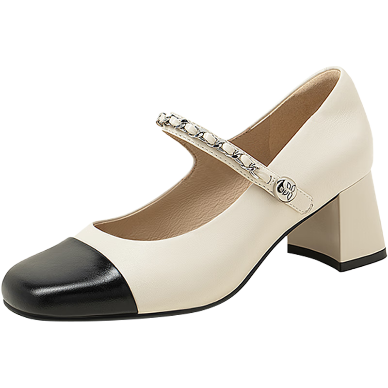 COMELY High-Heeled Mary Jane Shoes for Women, Spring Chunky Heel Round Toe Patchwork Chanel-Style Fashion Pumps, Beige/black, Size 38