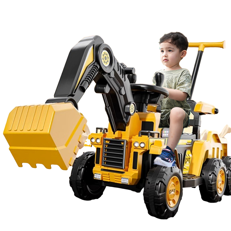 Babamama Excavator Toy Car for Children, Rideable, Remote Control Electric Digger with Push Handle for Boys