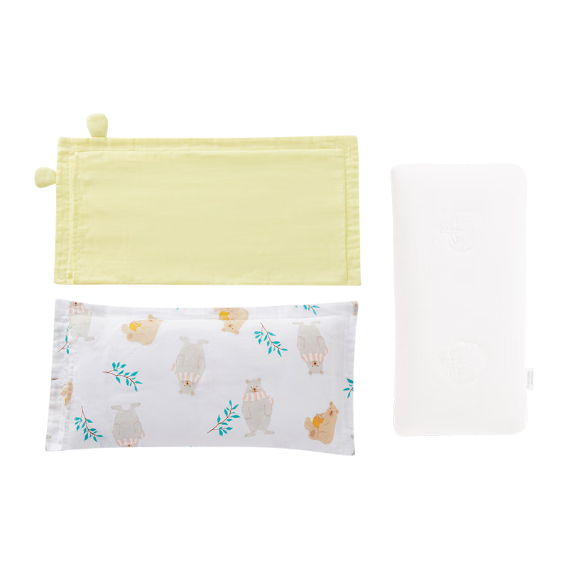 PurCotton Baby Muslin Square Pillow, 1-3 Years Old Children's Pillow, Infant Pillow, Pillowcase Set of 3 Pieces, Bear Afternoon Tea