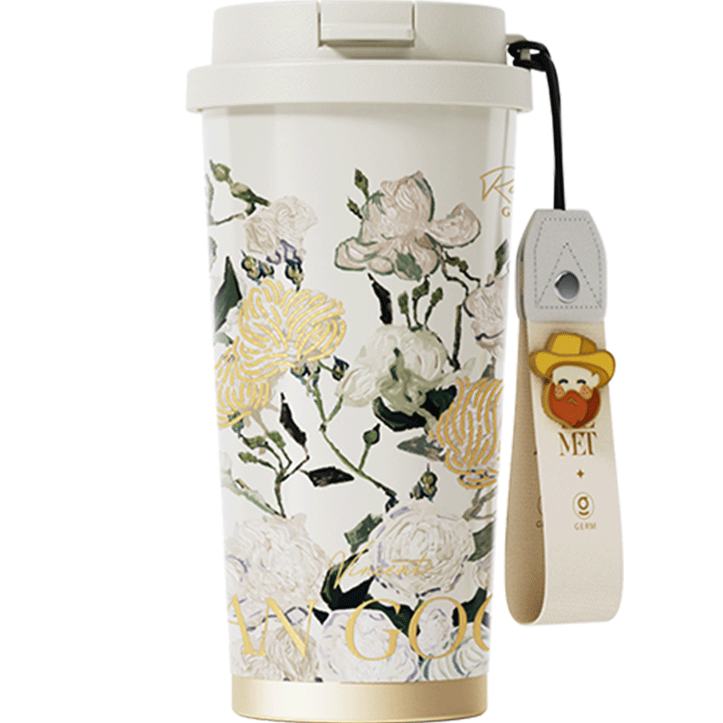 Germ Van Gogh Co-Branded Dual-Use Insulated Cup with Straw, Large Capacity Water Bottle for Students, Goddess Gift Cup, 500ML Rose