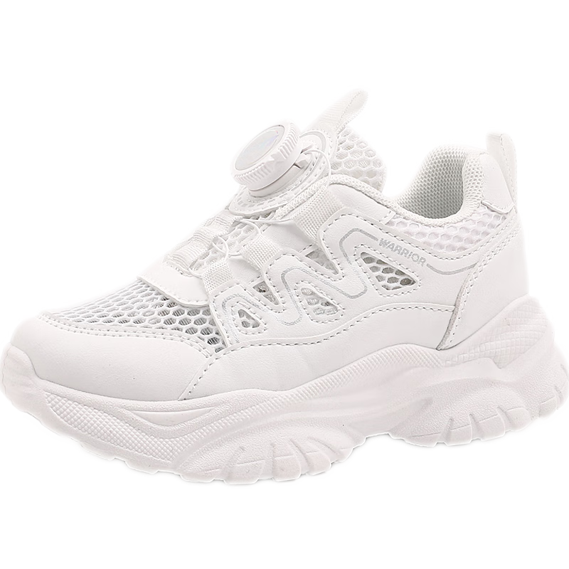 Warrior Children's Shoes, Mesh Upper White Sneakers, Sandals, Button Sports Shoes, Casual Shoes, Skateboard Shoes, WZ(CL)-0454, White, Size 35