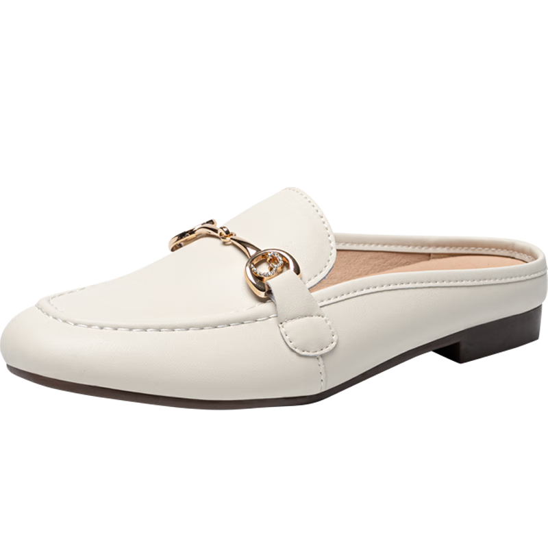 ZHR Mule Slippers for Women, Summer Genuine Leather Casual Women's Shoes, French-Style Closed-Toe Mules, AH381T, Beige, Size 38
