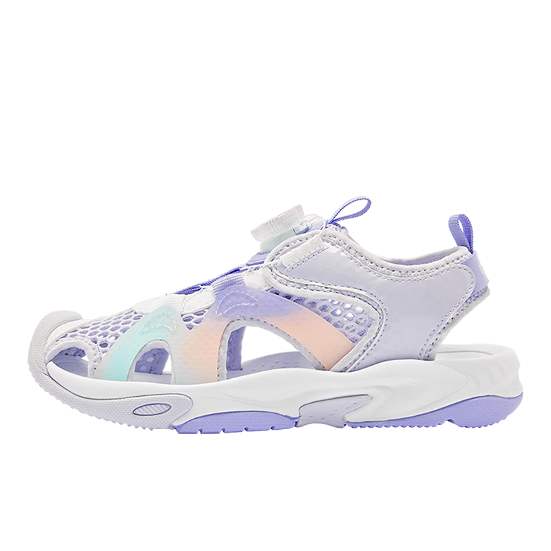 QIAODAN Girls' Closed-Toe Sandals, Big Kids' Summer Rotary Buckle Beach Shoes, Children's Footwear, Ice Hydrogen Purple/QIAODAN White, Size 38