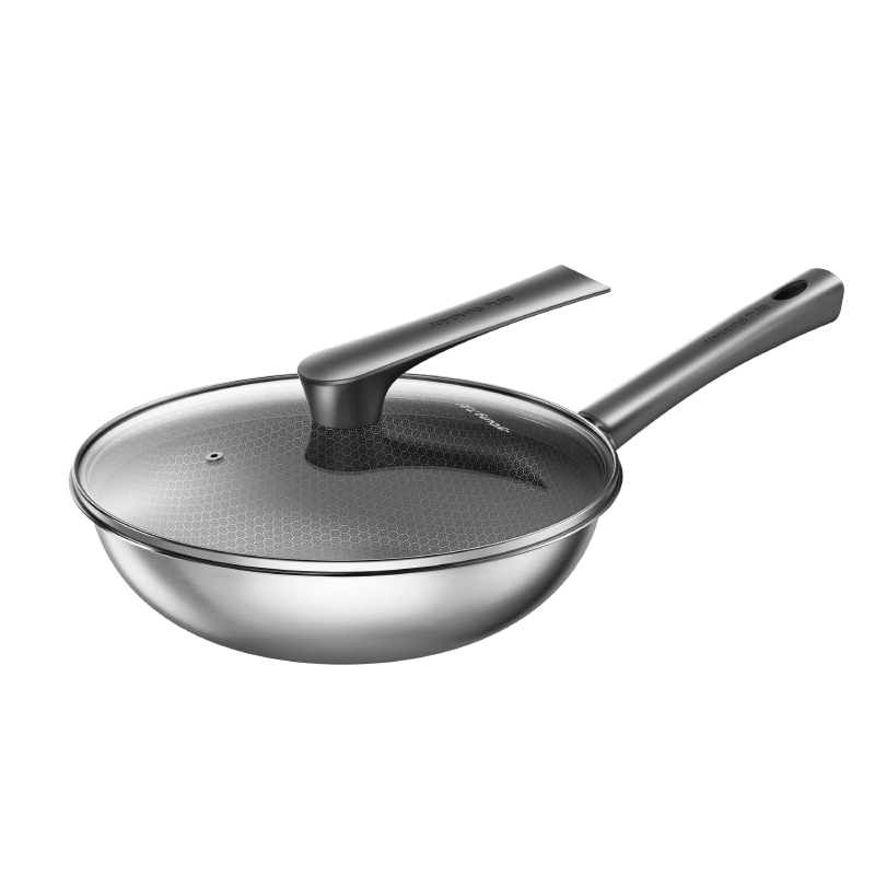 Joyoung Non-Stick Wok, 304 Stainless Steel Honeycomb Wear-Resistant Flat-Bottom Frying Pan, Compatible with Stove, 32cm, Visible And Removable Lid
