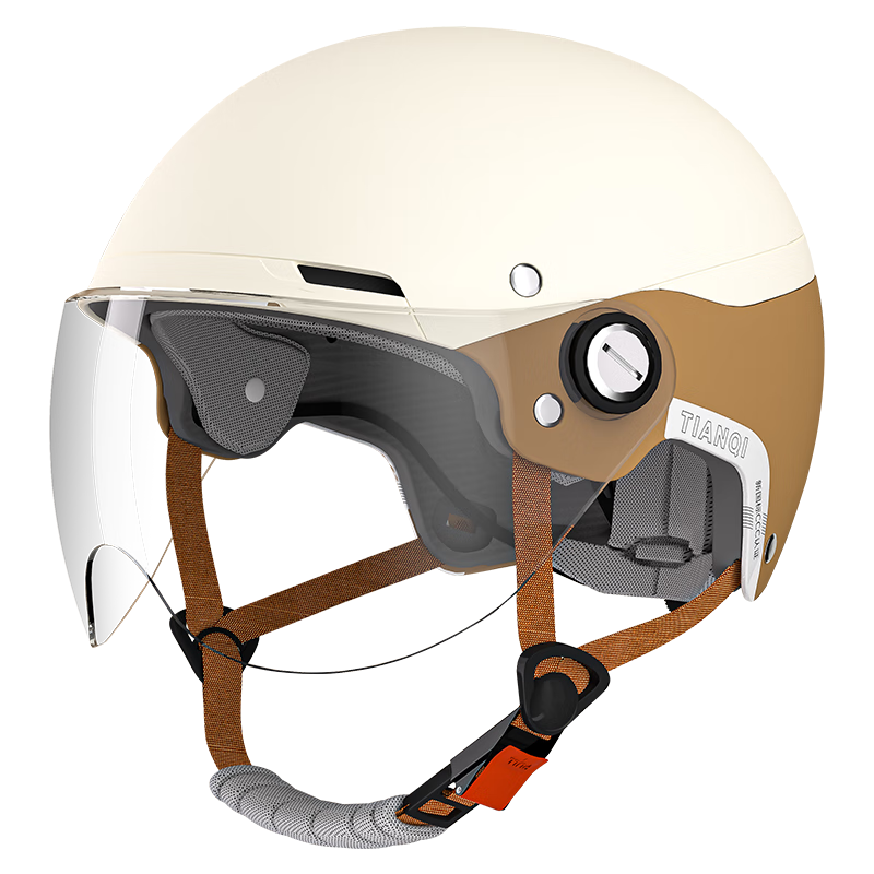 Tianqi Helmet, Electric Vehicle 3C Certified New National Standard A-Class Battery-Powered Scooter Half Helmet for Men And Women, Summer Safety Helmet, All-Season Universal, Beige-Brown Two-Tone/short Visor