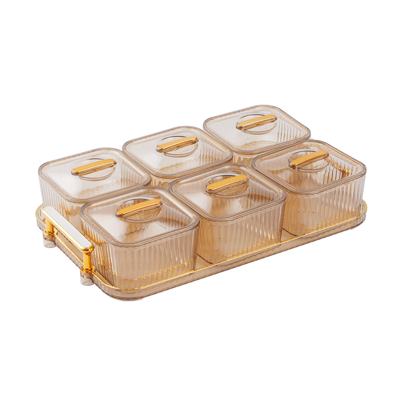 BJ Fruit And Nut Dish with Lid, High-End Divided Plate for Home Use, Candy Snack Luxury Dessert Tray, 6 Compartments, Champagne Color