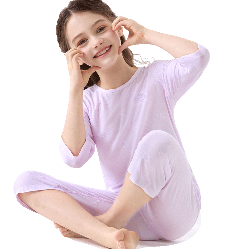 Duomiaowu Girls' Pajamas Children's Modal Home Wear Set Big Kids Summer Thin Silk Air Conditioning Clothes 11904 Purple 170