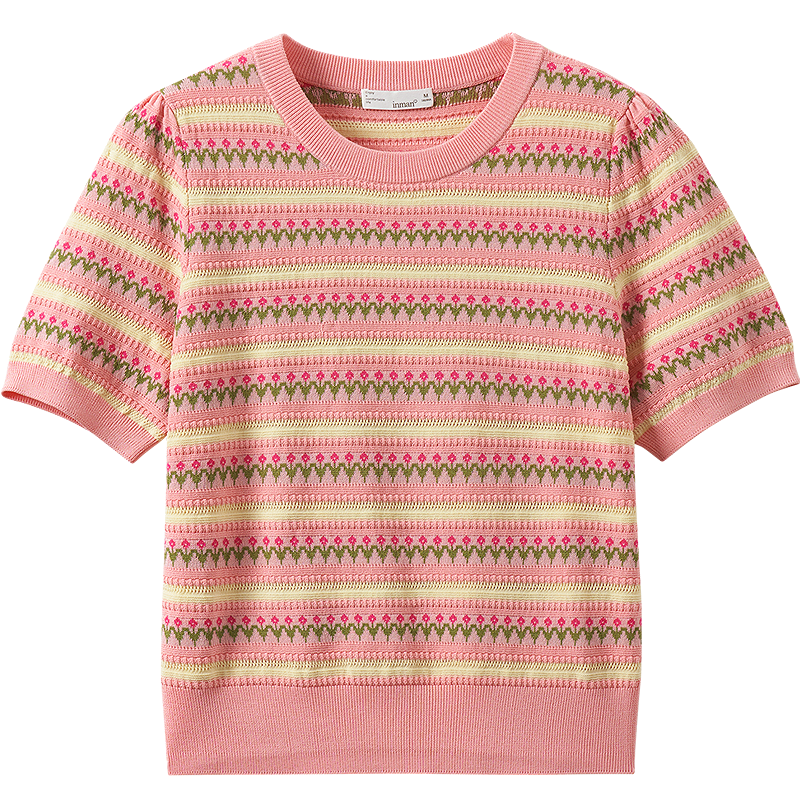 INMAN [Same As Shuichang] Suoluna Cool-Feeling Striped Short-Sleeve Women's Top, Summer 2026 Knitted Sweater, Blue, Size M