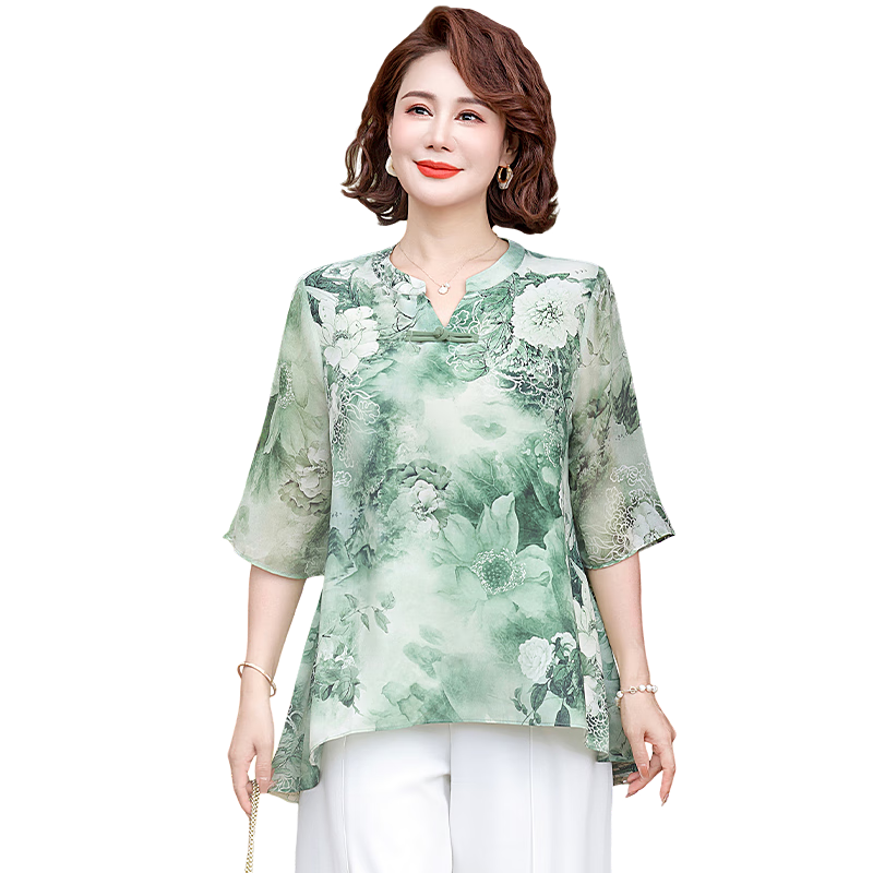 Qiufuluo Mom Summer Chinese Style Short Sleeve Loose Breathable Ice Silk T-Shirt for Women Age 50-80