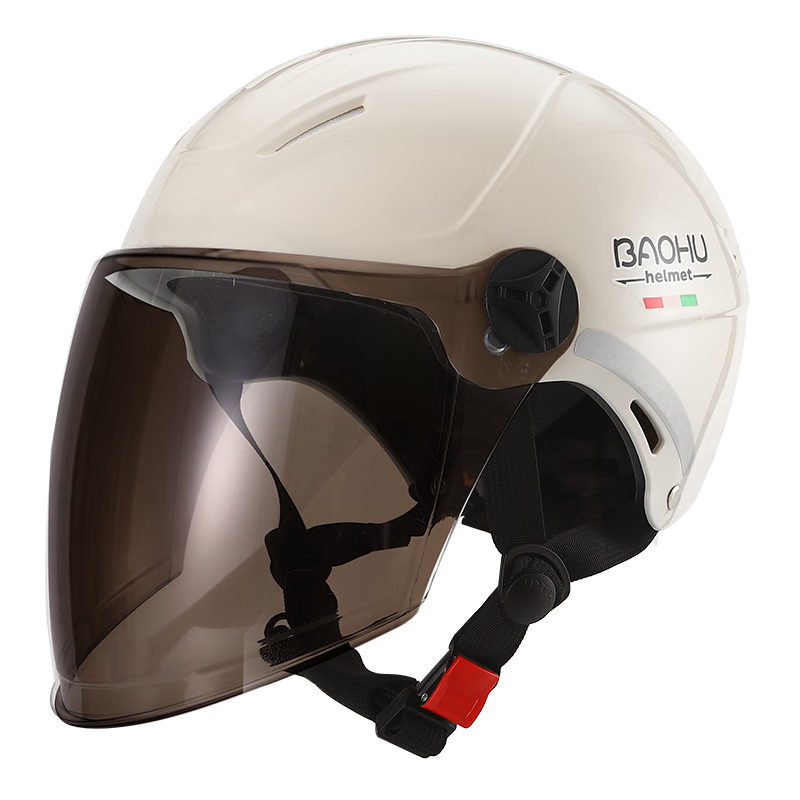 BAOHU Helmet, 3C Certified Electric Vehicle Helmet, Motorcycle And Electric Scooter Half Helmet, Unisex All-Season Safety Helmet, 376 Cream White (Sun Protection Long Visor), One Size Fits All