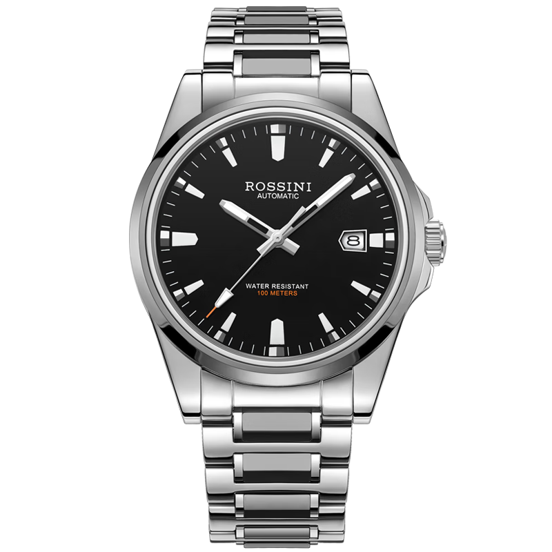 ROSSINI Men's Mechanical Watch, Birthday Gift for Men, Luminous, Water-Resistant, Black Dial, Tungsten Steel Strap, 5240209