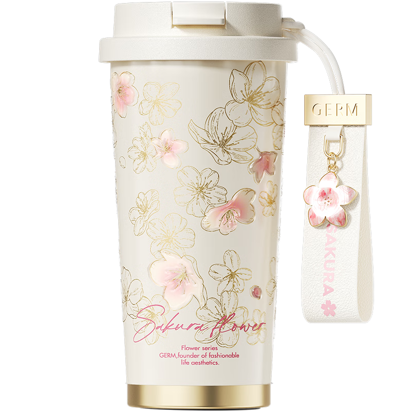 Germ Shining Double-Insulated Water Bottle with Straw, Large Capacity Student Cup, Goddess Gift Mug, 500ML Cherry Blossom