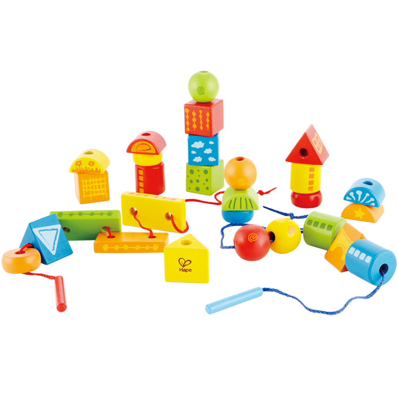 Hape (Germany) Building Blocks Toy with Large Particles, Beading String, Fine Motor Skills Training, Wooden Creative Beading Set E1019