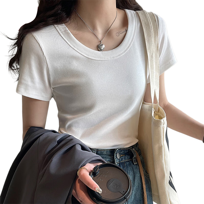 LangSha Women's T-Shirt, Summer Lightweight, Slimming Round Neck, Ribbed Solid Color, Versatile Base Layer, Breathable Casual Short Sleeve for Wome