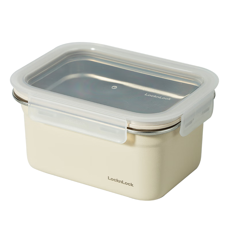 LOCK&LOCK Food-Grade Stainless Steel Storage Container, Airtight Refrigerator Kitchen Organizer Box, Student Lunch Box, 1L Beige
