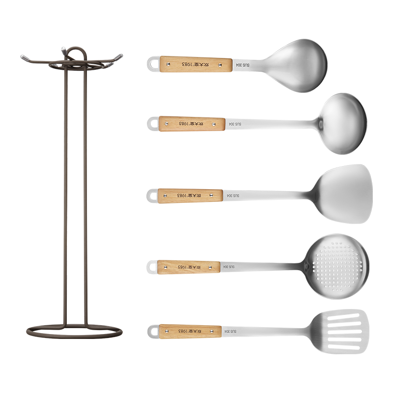 COOKER KING Kitchen Utensil Set of 6: 304 Stainless Steel Spatula, Soup Ladle, Strainer, Cooking Spoon, Heat-Resistant Wooden Handle Iron Wok, Soup Pot Cookware