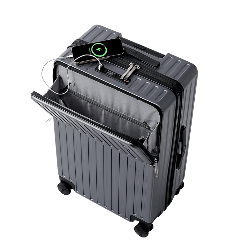 DULA Front-Opening Luggage Cup Holder Suitcase, USB Charging Travel Case, Carry-On Luggage, Password Lock Box, Black with Gray, 20 Inches