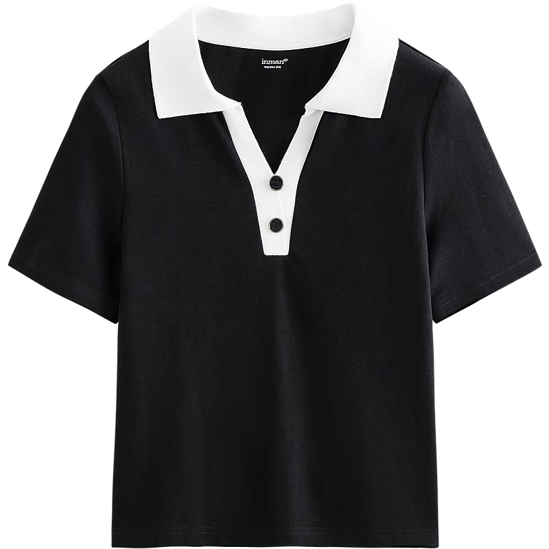 Inman Casual Striped Shoulder T-Shirt Summer Women's Design Polo Collar Slim Fit Short Sleeve Star Black XL