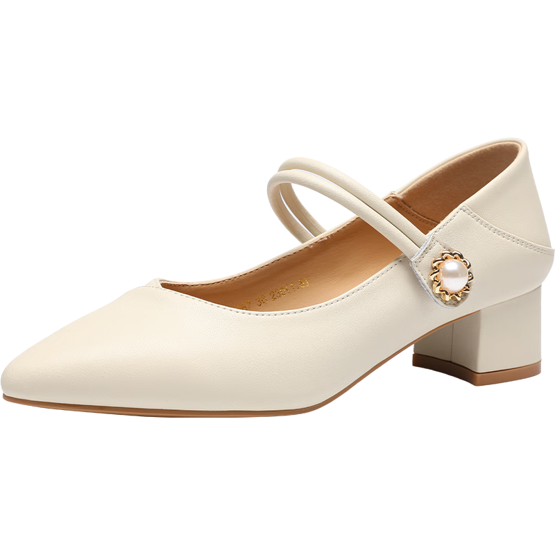 ZHR Mary Jane Shoes for Women, Elegant Pointed Toe Chunky Heel Leather Shoes, Slip-On Commuter Dual-Wear Women's Shoes BL267 Beige 38