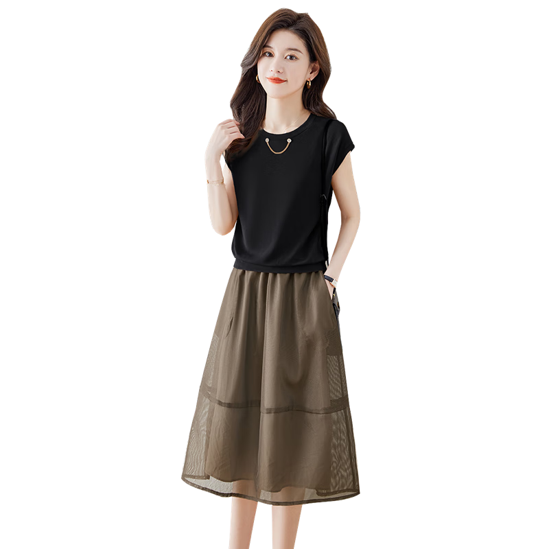 Cypress Casual Set 2026 Summer New Women's Short Sleeve Top with Patchwork Skirt Two-Piece Set