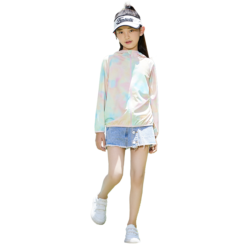 Moremerry Children's Sun Protection Clothing, Cool And Breathable, UV-Resistant, for Boys And Girls, Summer Ice Silk Tie-Dye Sun Protection Garment, Colorful Pink, Size L
