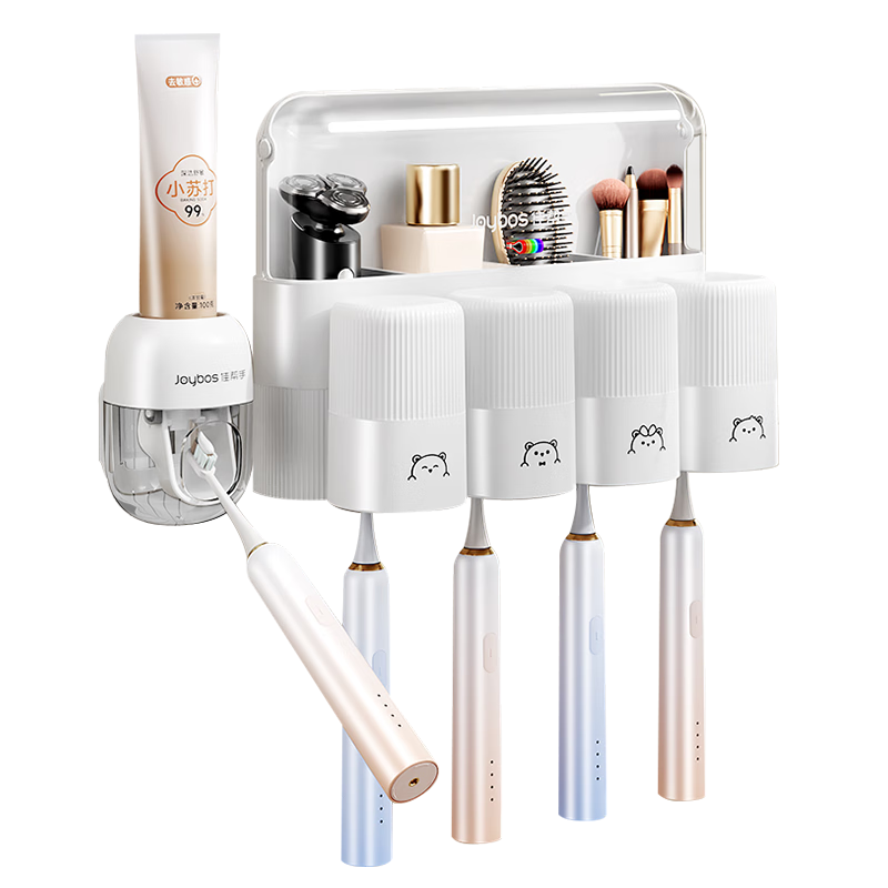 Jiabangshou Toothbrush Holder Wall-Mounted Bathroom Storage Rack with Squeeze Tube for 4 Cups And Mouthwash Cup, No Drilling Required