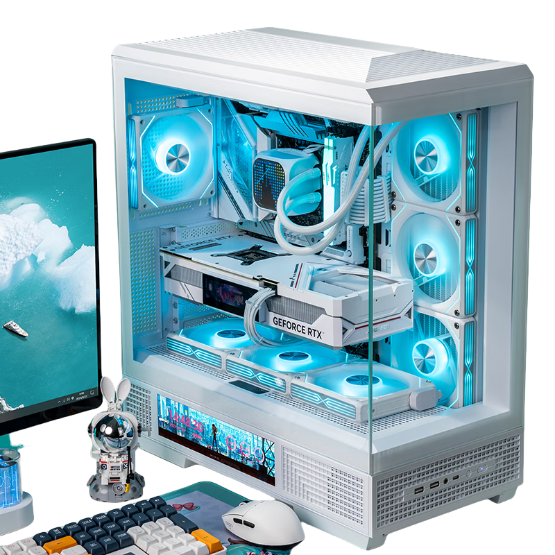 Aigo Starry Sky White ATX Gaming Desktop Computer Case with Dual 360mm Water Cooling Support, 9.6-Inch HD Screen, 270° Panoramic View, And 5090 Graphics Card