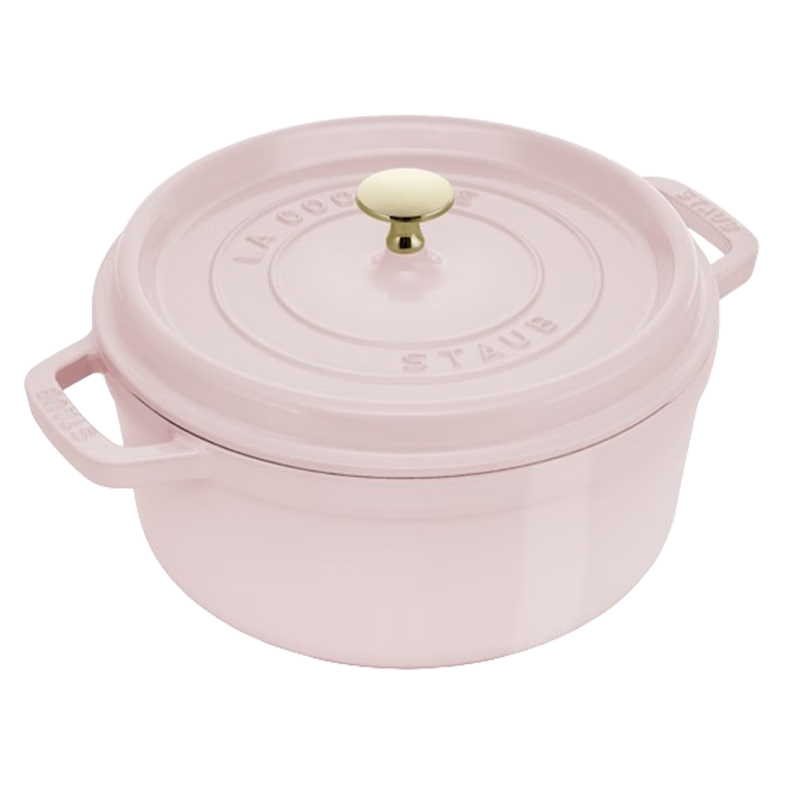 Staub French Imported Enamel Cast Iron Pot, Flat Bottom Double-Handled Soup Pot, Round Stew Pot, Mousse Rose, 24cm, 1030217
