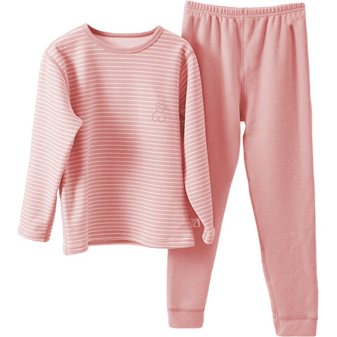 LangSha Children's Thermal Underwear Set, Girls' Autumn And Winter Yang Ion Fleece Pajamas, Home Wear, Girls' Autumn Top And Pants Set, Pink-Wide Stripes, 130 (Recommended Height 120-130cm)