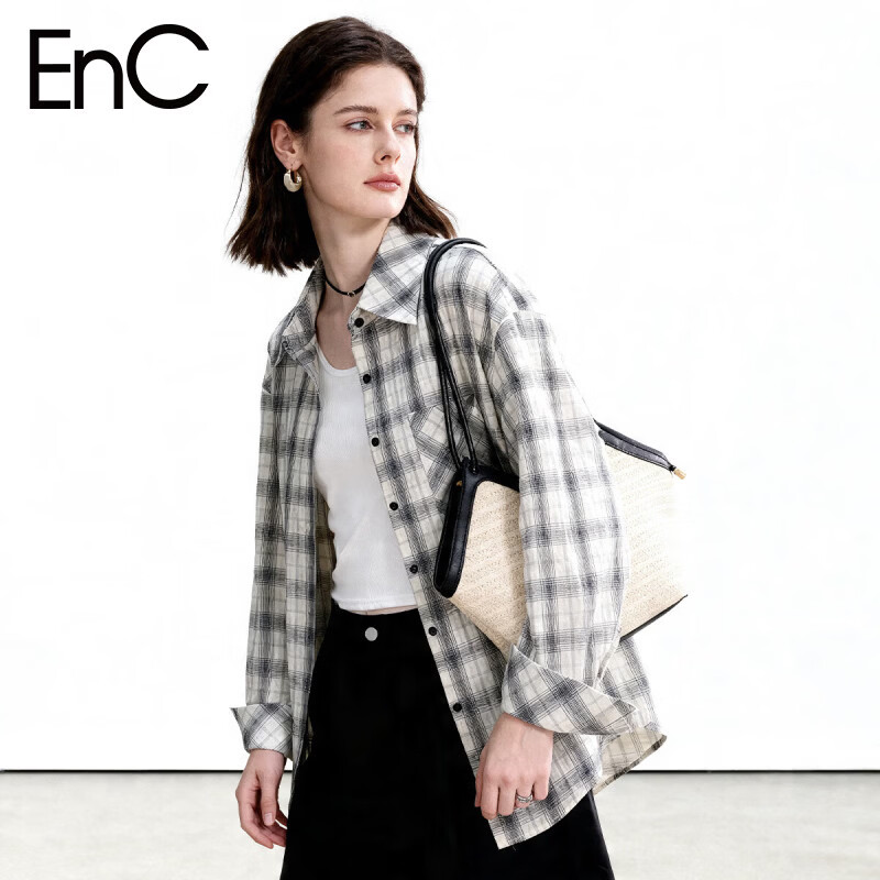 ENC Thin White Checkered Shirt Women Oversize Style 2026 Spring Summer Korean Loose Sun Protection Versatile Layering Top