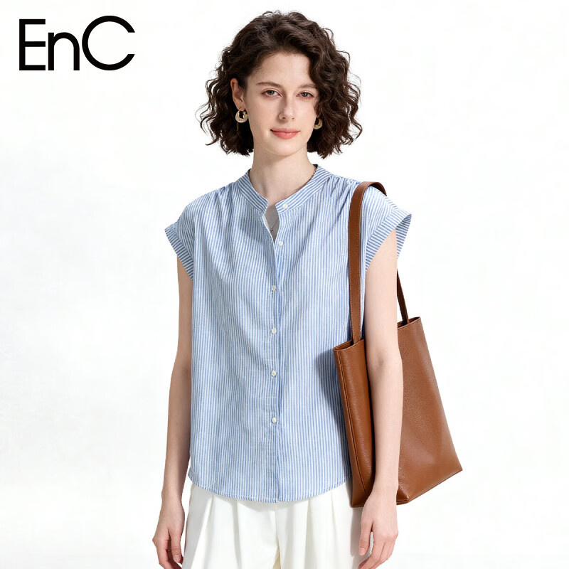 ENC Japanese Style Flutter Sleeve Shirt Summer Girl Fresh Short Sleeve Blue Striped Lazy Feel Shirt Design Top