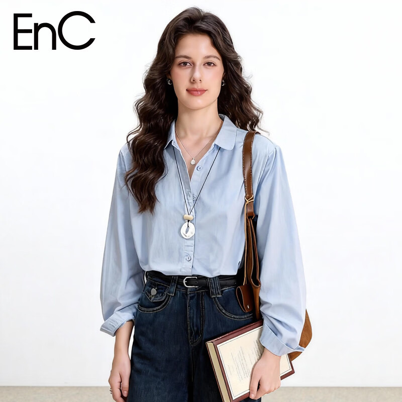 ENC Blue Long Sleeve Shirt Spring Autumn New French Style Designer Niche Casual Commuter Petite Top