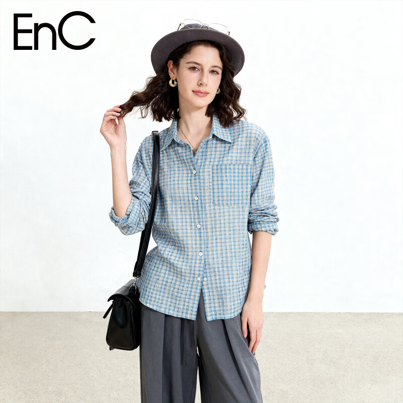 ENC Vintage Artistic Plaid Shirt Classic Trendy Versatile Blouse 2026 Women's Spring Summer Lightweight Sun Protection Top