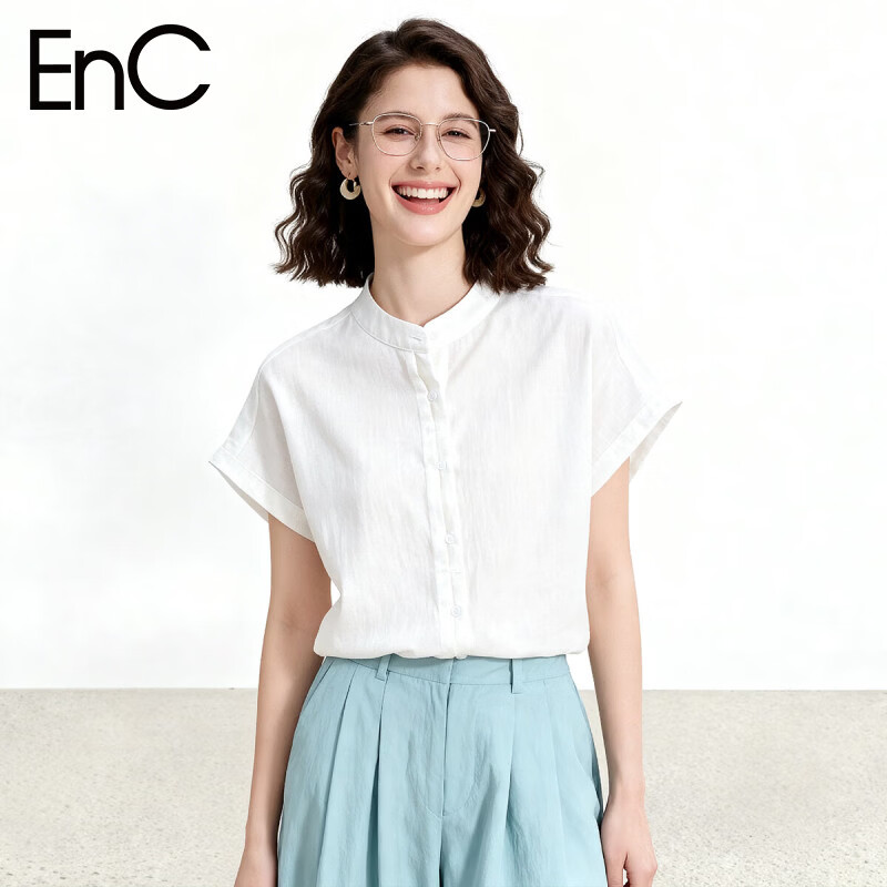 ENC Elegant Plain White Short Sleeve Shirt Literary Intellectual Style 2026 Women's Summer New Loose Comfortable Breathable Versatile Top