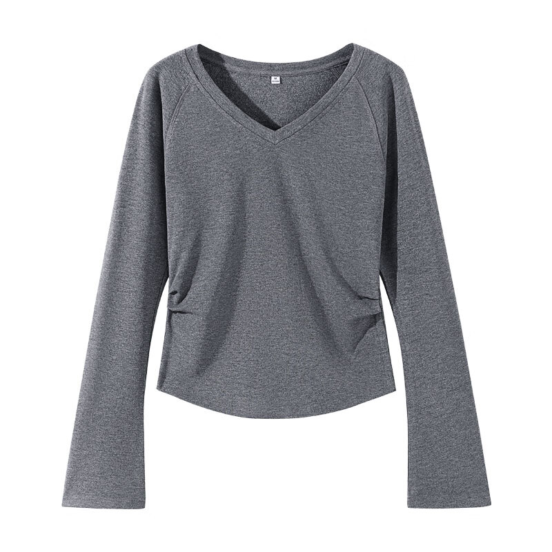 MJ STYLE V-Neck Ruched Brushed Fleece Long Sleeve Slim Fit Thermal Top for Women Autumn Winter 2026 New Trendy Chic