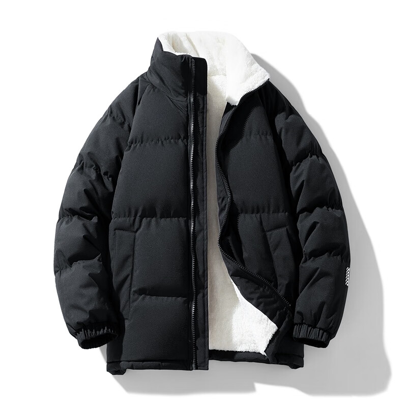 Foss Phil Lambswool Cotton Jacket for Men And Women, Winter Fleece-Lined Thick Loose Casual Couple's Coat Warm Padded Outerwear 111 Black M