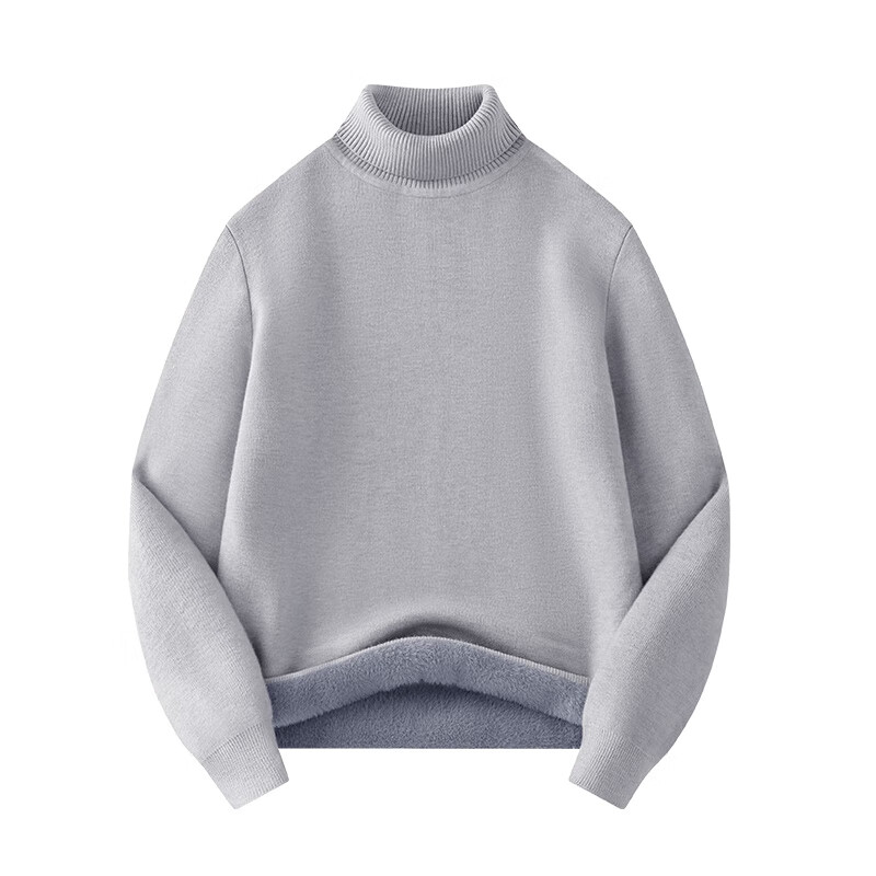 GENIOLAMODE Men's Turtleneck Sweater, Winter Fleece-Lined Thick Warm Inner Layer Knitted Base Shirt Clothing, Light Gray, XL