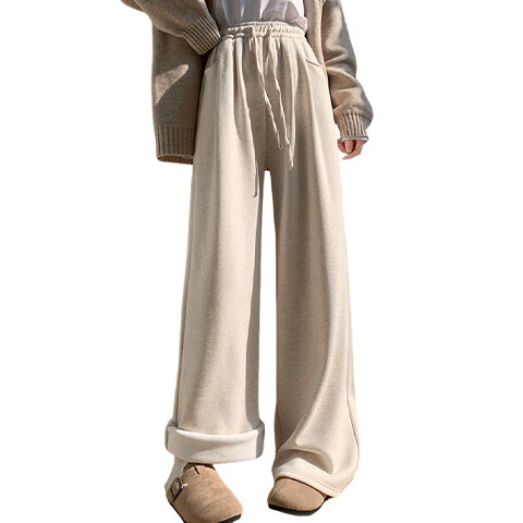 FitonTon Women's Lamb Fleece Lined Glutinous Rice Pants Winter 2025 New Thickened High Waist Draped Straight Wide Leg Slimming Trousers