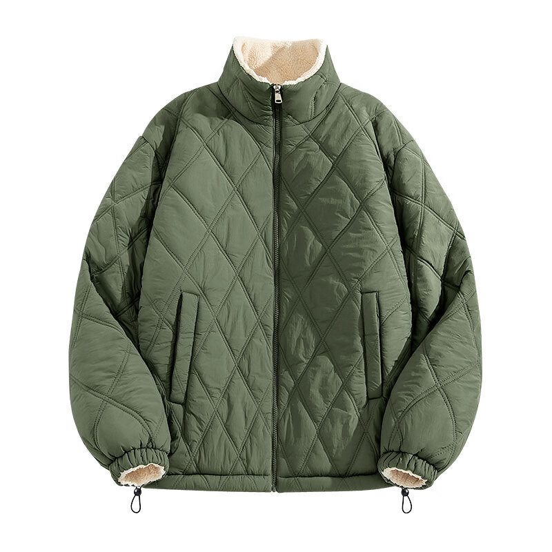 MINISO Men's Winter Warm Cotton Padded Jacket Thickened Fleece Diamond Pattern Casual Stand Collar Coat Black L