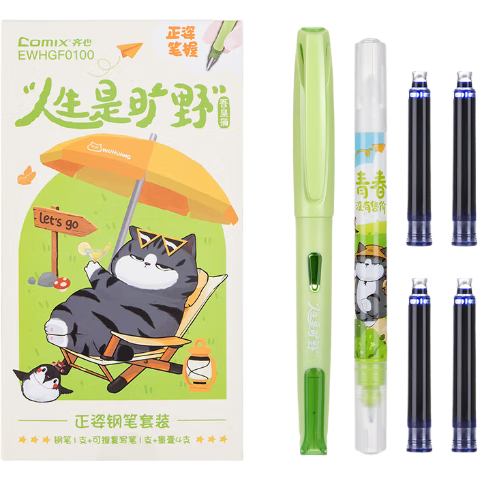COMIX Erasable Posture Correction Fountain Pen 0.38mm Wuhuang Collaboration Erasable Copy Pen 1 Piece EF Fine Nib Erasable Blue Ink Cartridge 4 Pieces EWHGF0100
