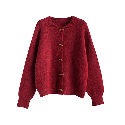 TonLion 2025 Autumn Women's Vintage Simple Round Neck Toggle Cardigan Versatile Korean Casual Fashion Red Jacket