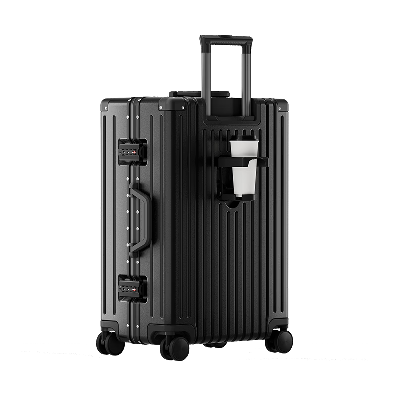 HLA Aluminum Frame Suitcase, Trolley Case, Carry-On Luggage, Password Lock, Check-In Large Capacity Leather Suitcase, Obsidian Black, 24 Inches