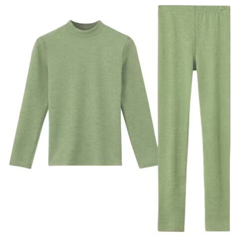 Modal Mid-High Neck Thermal Underwear Set for Women with Cashmere and Silk, Fleece-Lined, Fashionable Autumn Top and Bottom, Green, Size L